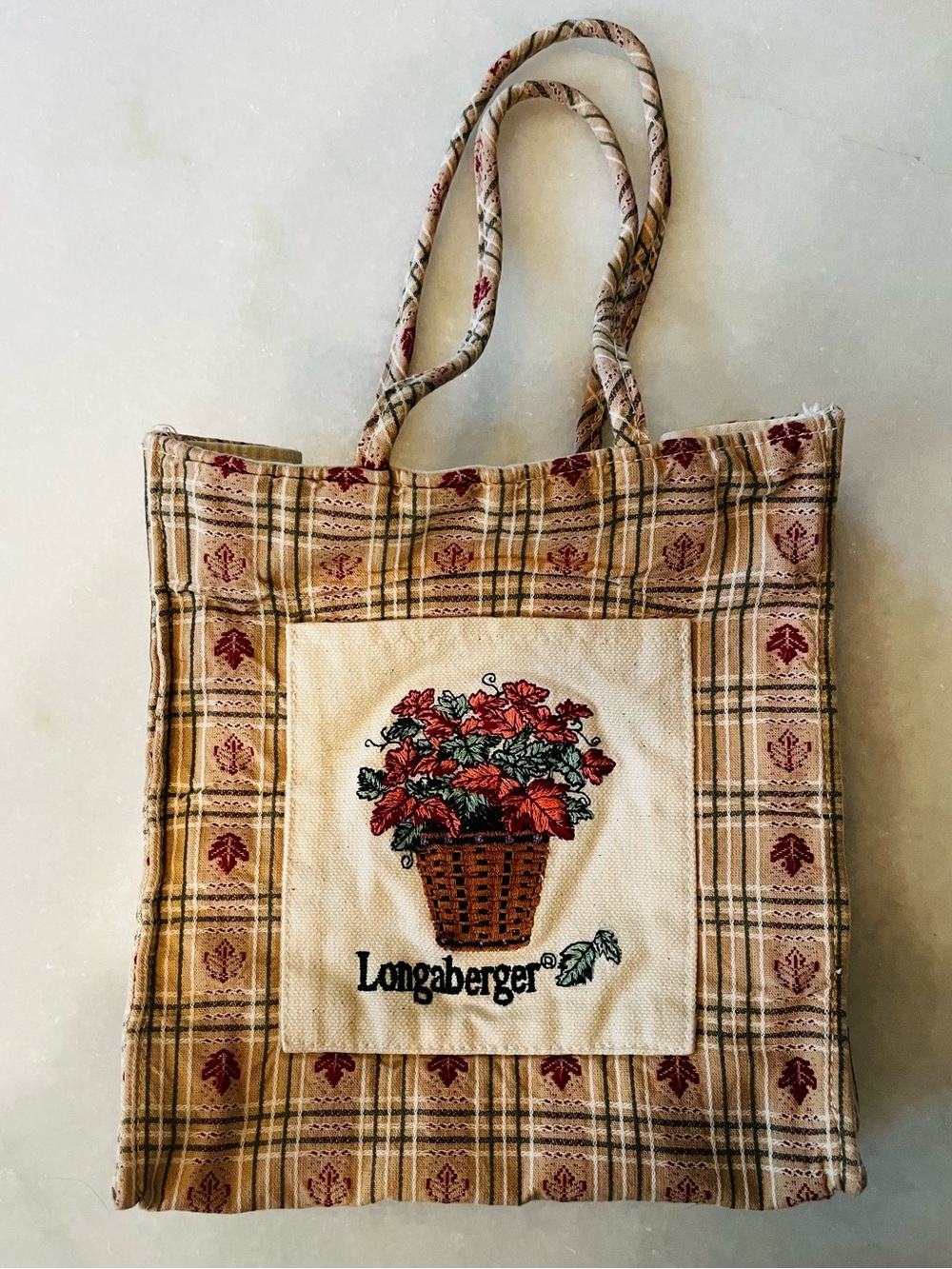 Vintage Longaberger Homestead Canvas Tote Bag Plaid Embroidered Basket Usa